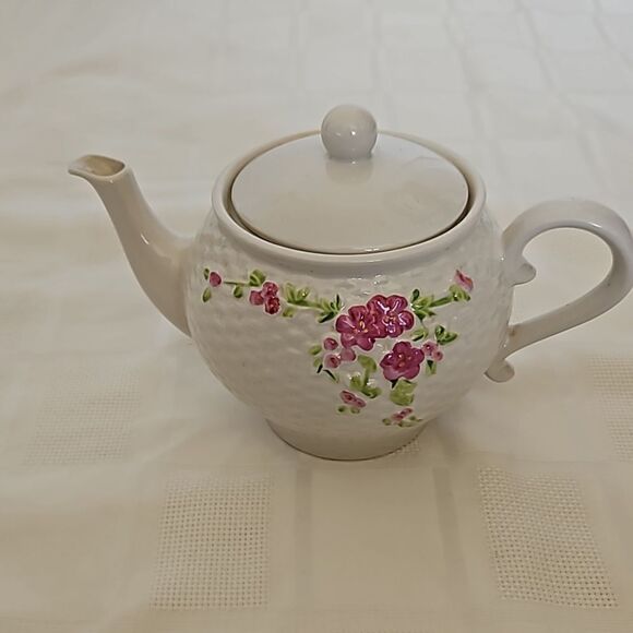 Vintage A Teleflora Gift 1985 Flower Teapot Basketweave Texture Pink/ White - Picture 16 of 16